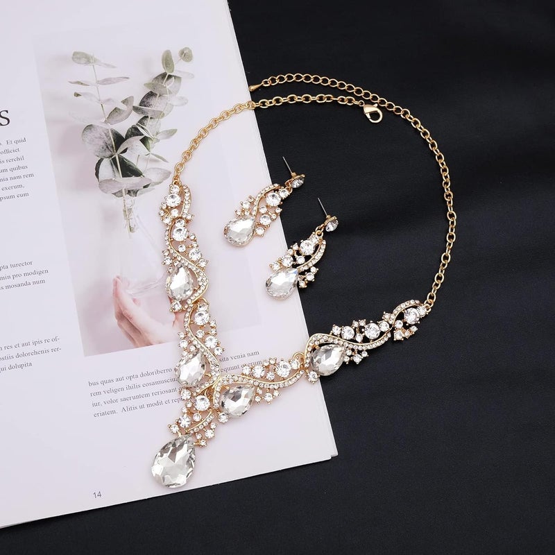 CSY Women's Elegant Bridal Necklace Earrings Stretch Bangle Bracelsts Set for Bride Bridesmaid Wedding Teardrop Crystal Costume Jewelry Sets - Image 3